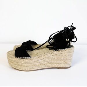 Guess black suede straw wedge platform espadrilles open toe sandals lace up shoe